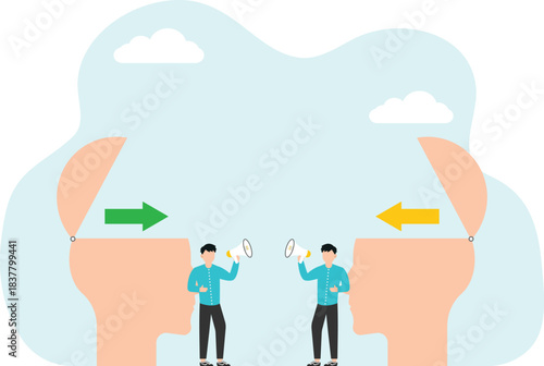 Opposite vision of business and team conflict, difference in ways and methods of achieving goals, contradictions in decision making, businessmen stand in big heads and argue with arrows in their hands