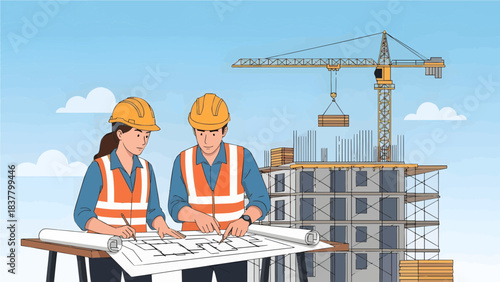 Construction Engineers Reviewing Blueprints at Building Site with Crane