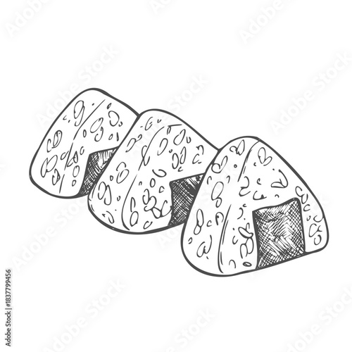 Onigiri. Japanese cuisine ingredient. Vintage hand drawn sketch engraving vector illustration.