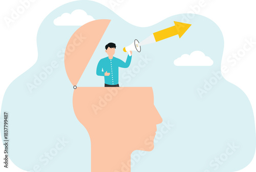 Opposite vision of business and team conflict, difference in ways and methods of achieving goals, contradictions in decision making, businessmen stand in big heads and argue with arrows in their hands