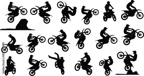 Silhouette of dirt bike riders performing stunts and tricks, black vector illustration symbolizing motocross action, energy, and extreme sport