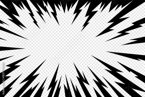 Thunder manga vector scene with lightning radial comic motion. Thunder manga bg for anime flash, electric burst or hero impact frame. Modern abstract black and white background.