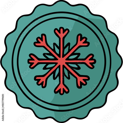 Winter Snowflake Emblem In Teal Circle With Red Center And Shadow On Black Background