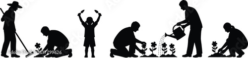 Black Silhouettes of Adults and Child Doing Gardening Tasks, Ideal for Nature Care, Outdoor Activity, Vector Art, and Design Use