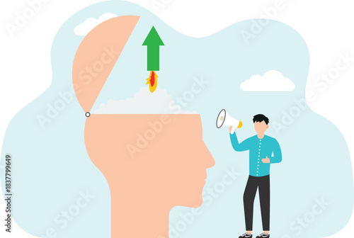 Opposite vision of business and team conflict, difference in ways and methods of achieving goals, contradictions in decision making, businessmen stand in big heads and argue with arrows in their hands