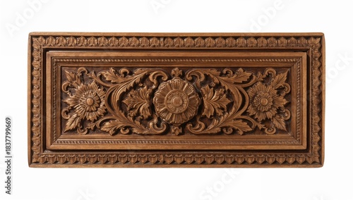 Ornate wooden floral panel with handcrafted carvings and vintage decorative details on isolated background