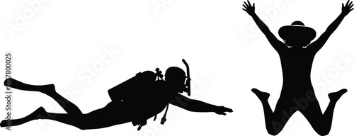 Silhouette of scuba diver and joyful jumper in hat, black vector illustration symbolizing underwater adventure and carefree outdoor freedom