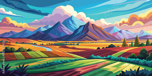 A vibrant landscape featuring colorful fields, majestic mountains, and a dynamic sky view

