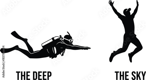 Silhouette of scuba diver and sky jumper, black vector illustration symbolizing contrast between underwater exploration and aerial freedom
