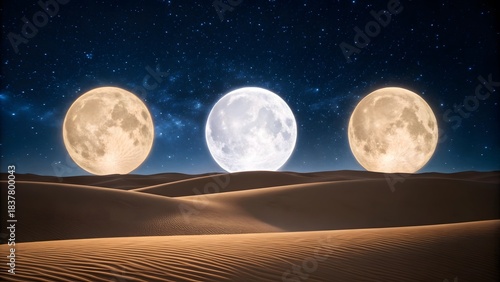 Fototapeta Naklejka Na Ścianę i Meble -  Three luminous full moons rise above desert sand dunes under a starry night sky