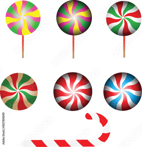 Vibrant assortment of swirled lollipops and a classic candy cane isolated on white background