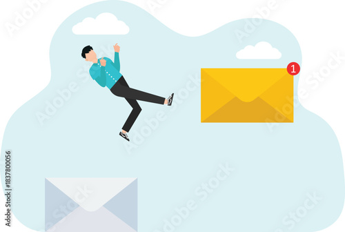 Email processing, efficiency or productivity, remote work from home, quick response to email from anywhere. Little people. The man writes the answer. Businessman, manager, employee checks mail.
