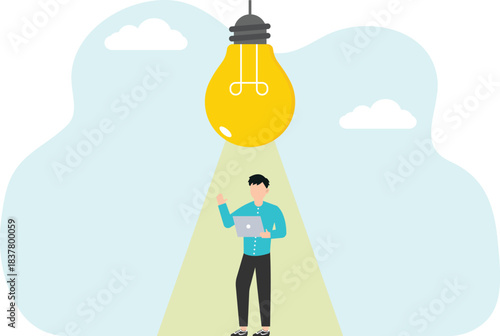 Brainstorming a new idea to solve a working problem, success in discovering a new innovative idea. Business solution concept. Businessman with a laptop.
