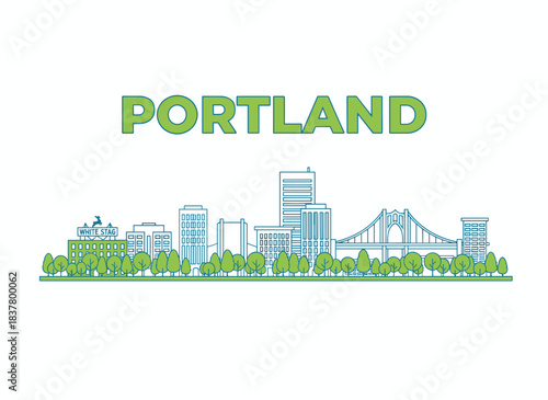 Portland Oregon city skyline flat vector illustration with green trees