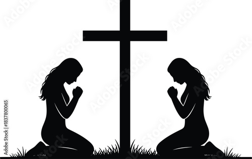 Silhouette of two praying women beside Christian cross, symbolic black vector illustration representing faith, devotion, unity, and spiritual reflection