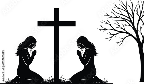 Silhouette of two praying figures beside Christian cross and barren tree, symbolic black vector illustration of faith, mourning, and reflection
