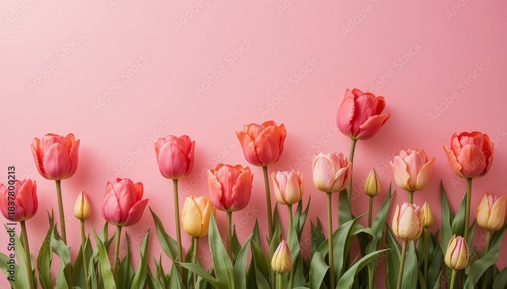 Fototapeta premium Vibrant pink tulips against a soft pink backdrop, fresh spring bouquet vibe.