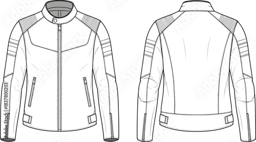Men's motorcycle leather jacket technical drawing vector, front and back view flat sketch, biker fashion apparel design template, zipper mockup, isolated on white background.