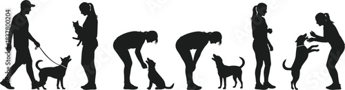 Silhouette sequence of people interacting with dogs, black vector illustration showing companionship, training, bonding, and everyday pet behavior
