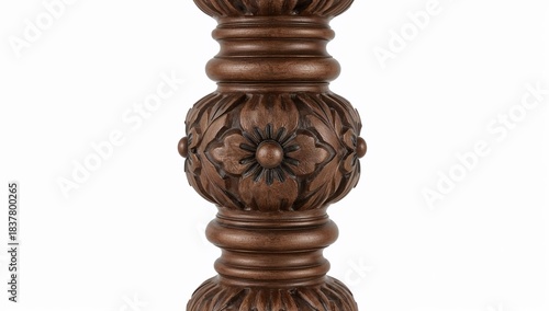 Detailed floral carved wooden table leg with ornate traditional design isolated on white background for interior decor projects