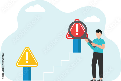 Analysis and making decision in complex situations or problems, prevention methods, unforeseen circumstances, technical support, optimization of work processes, hand with loupe pointing to danger sign