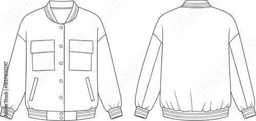 Oversized Bomber Jacket Technical Drawing Vector Illustration, Varsity Style Coat Sketch with Ribbed Trims, Snap Buttons, Flap Chest Pockets, Front and Back View, Apparel Template Fashion Design