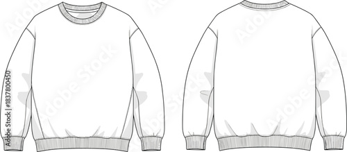 Oversized Drop Shoulder Crewneck Sweatshirt Flat Technical Drawing Front and Back View Fashion Apparel Garment Template Vector Illustration Design Specification Mockup