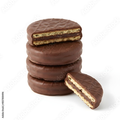 Stack of round chocolate covered sandwich biscuits with one half broken to show layered wafer filling