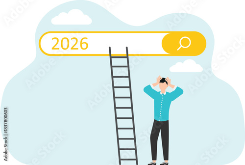 Analysis and planning of future projects in coming year, development of strategies for achieving high results, construction of course of business development, man goes up to search bar from 2026.
