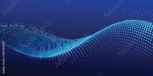 Abstract blue wave formed by glowing dots on a dark blue gradient background design concept
