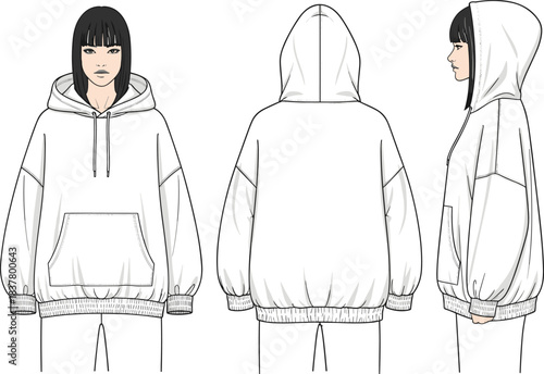 Oversized white hoodie worn by model, front, back, side view, fashion sketch, casual wear, garment template, drawstring hood, vector illustration