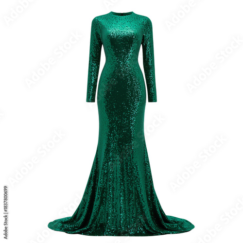 Emerald Green Sequin Evening Gown with Long Sleeves