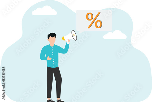 Investment attractiveness of projects, ways and methods of increasing profits from deposit or securities, strategy for achieving success in innovation, man announces percent through loudspeaker.
