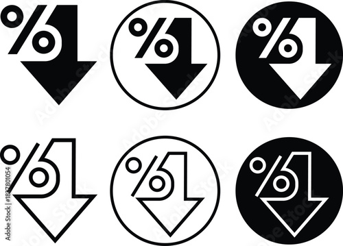 Percentage decline arrows flat and line icons set showing falling percent symbols, downward trend indicator, financial decrease graphic, economic drop sign for business analysis and marketing vectors.