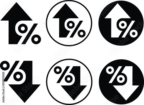 Percentage growth and decline arrows flat icon set showing rising and falling percent symbols, financial trend indicators, economic performance graphics for business analysis collection and marketing.