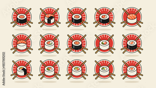 A vibrant collection of Japanese sushi rolls, each a unique culinary art form, presented in a circular motif with crossed chopsticks