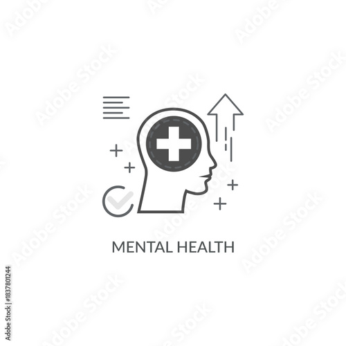 A clean vector outline of Mental Health icon, representing cross symbol, head profile, and rising arrow for well-being and progress concepts.
