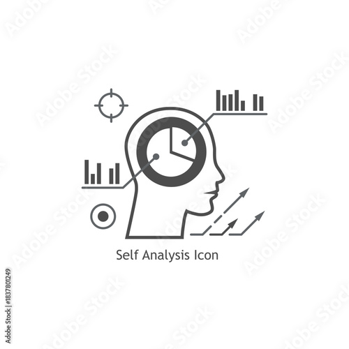 A vector illustration of Self Analysis icon, representing human mind, data, charts, and arrows for psychological and business insights concept.