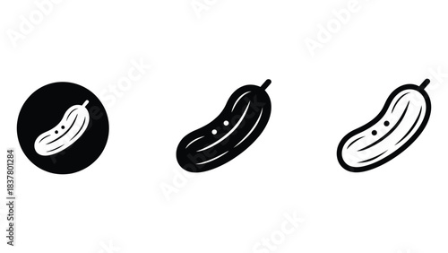  Minimal black and white cucumber or pickle icon set featuring three clean vector-style illustrations, including solid, outlined and circular badge versions, perfect for food, farming and organic them