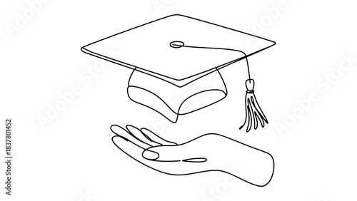  Minimalist one-line drawing of a graduation cap above an open hand, symbolizing education support, academic success, achievement, guidance, learning, opportunity, and student growth
