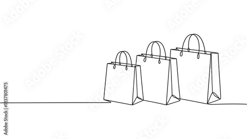  Minimalist continuous line art illustration of three shopping bags with handles, symbolizing retail purchases, consumer goods, sales events, eco-friendly packaging, boutiques, and modern shopping con