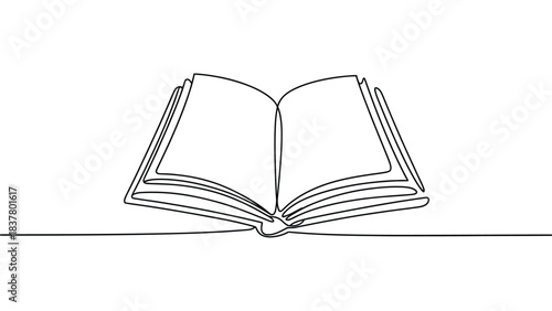  Minimalist continuous line art illustration of an open book with turning pages, symbolizing knowledge, learning, education, literature, study, reading habits, academic concepts, and creative imaginat