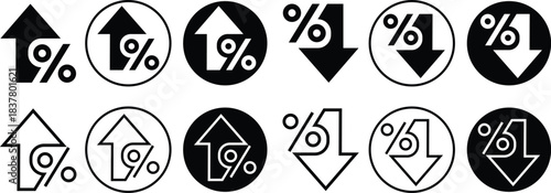 Percentage growth and decline arrows flat, line icons set showing rising, falling percent symbol, financial trend indicators, economic performance graphics for business analysis and marketing vectors.