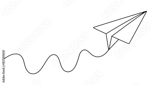  Minimalist continuous line art illustration of a paper airplane flying with a wavy trail, symbolizing creativity, freedom, progress, imagination, forward movement, travel concepts and playful design
