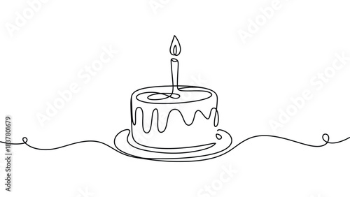 Minimalist continuous line art illustration of a birthday cake with dripping icing and a single burning candle, symbolizing celebration, party decor, anniversary events, joy and festive occasions 
