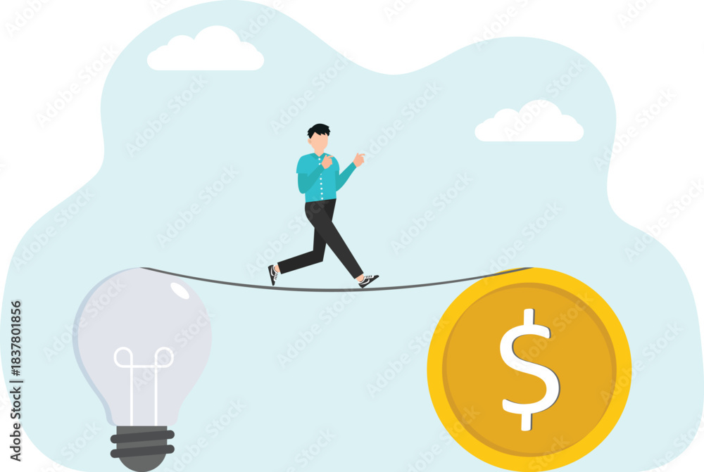 Φωτογραφία Profitability and payback of innovations, buying intellectual property, investing in creative ideas or startups, new business project, man walks on tightrope between heads with light bulb and coin