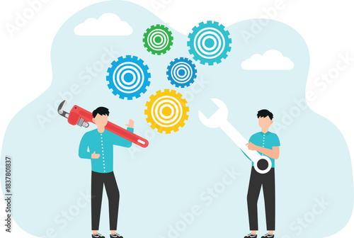 Teamwork in finding solution to problem, creative ways out of business problems, analysis or optimization of work, technical support or service in unforeseen situations, colleagues repairing mechanism