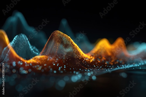 Abstract landscape of glowing, textured peaks and valleys