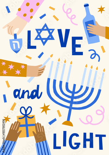 Modern Hanukkah vector card print. Cute jewish holidays illustrations of menorah, star of David, dreidel, gift, vine