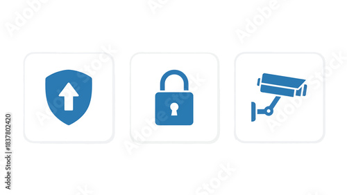 Collection of security icons featuring a shield with an upward arrow, a closed padlock, and a surveillance camera system for protection and safety